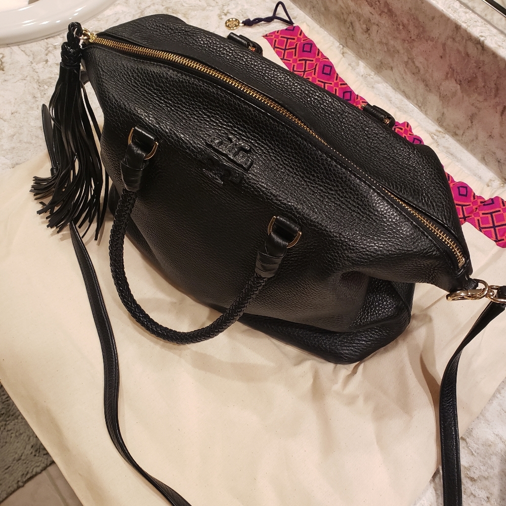 Tory Burch Taylor black leather purse w/ braided handles and shoulder strap
